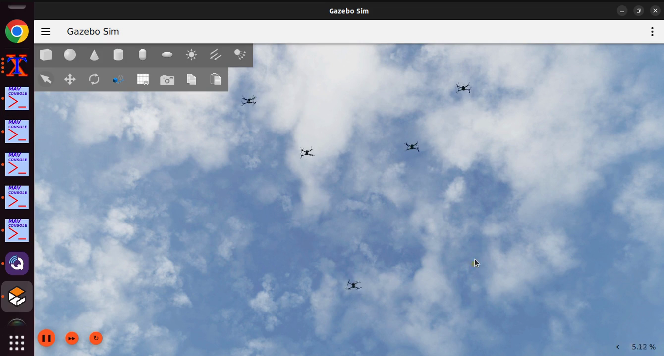Gazebo simulation showing multiple drones holding a swarm formation