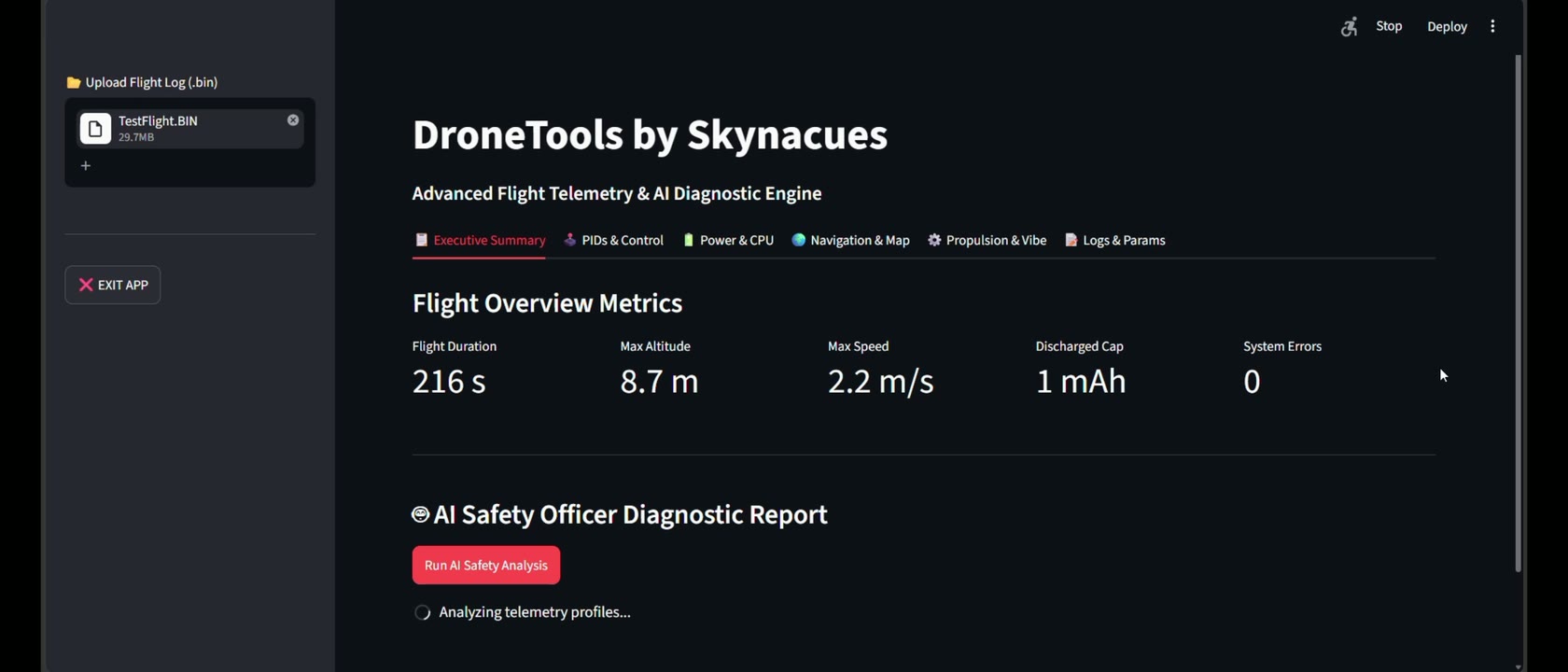 DroneTools AI Safety Officer diagnostic report with a warning and required maintenance action