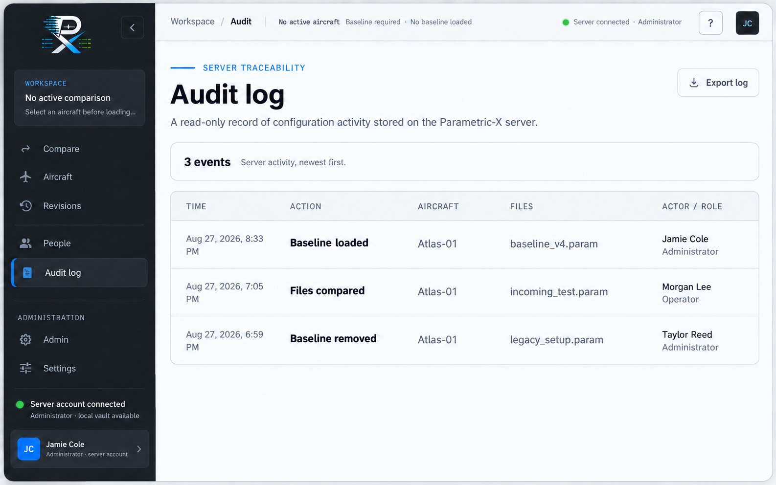 Parametric-X audit log using fictional aircraft, account, and file names